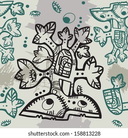 Seamless background with decorative Aztec tree