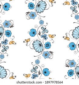 Seamless background of decorative blue flowers with yellow birds