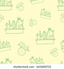 Seamless background. Decorative cacti. Cactus in a pot. Vector illustration. Shade of green. Pattern.