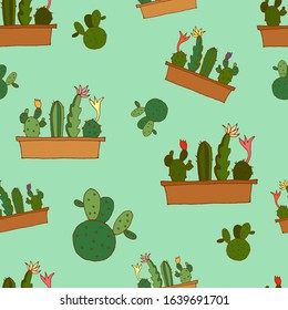 Seamless background. Decorative cacti. Cactus in a pot. Vector illustration. Bright picture. Color pattern.