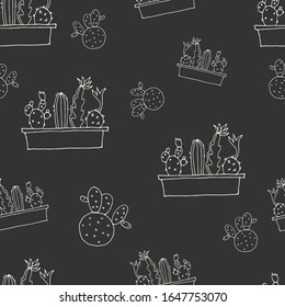 Seamless background. Decorative cacti. Cactus in a pot. Vector illustration. Graphite. Gray background. Pattern.