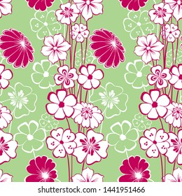 Seamless background of decorative drawn white and pink flowers