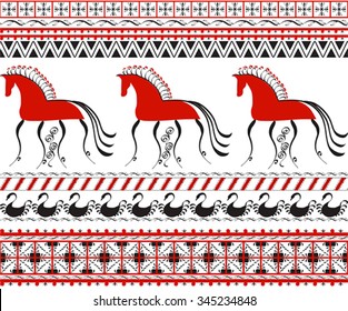 Seamless background with decorative elements of cosmogonic traditional folk art of northern region of Russia. Mezensky red  horse. Illustration, vector