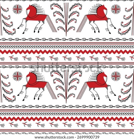 Seamless background with decorative elements of traditional folk of Russia. Mezensky red horse, bird and christmas tree