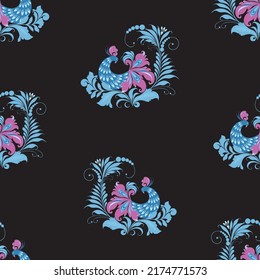 Seamless background of decorative fantasy birds on branches decorative flowers