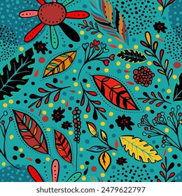Seamless background with decorative floral elements. Autumn bright pattern. hand drawing. Not AI, Vector illustration.