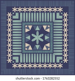 Seamless background with decorative flowers and triangles. Design with manual hatching. Ethnic boho ornament. Textile. Vector illustration for web design or print.