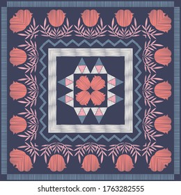 El fondo es impecable, con flores y triángulos decorativos. Diseño con eclosión manual. Ornamento étnico de boho. Textil. Ilustración vectorial para diseño web o impresión.