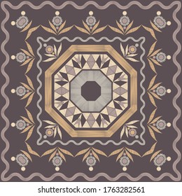 Seamless background with decorative flowers and triangles. Design with manual hatching. Ethnic boho ornament. Textile. Vector illustration for web design or print.