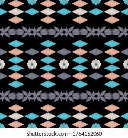 Seamless background with decorative flowers and triangles. Design with manual hatching. Ethnic boho ornament. Textile. Vector illustration for web design or print.