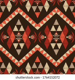 Seamless background with decorative flowers and triangles. Design with manual hatching. Ethnic boho ornament. Textile. Vector illustration for web design or print.