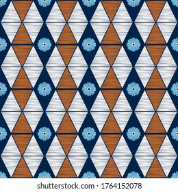 Nahtloser Hintergrund mit dekorativen Blumen und Dreiecken. Design mit manueller Schraffur. Ethnische Boho-Ornament. Textil. Vektorgrafik für Webdesign oder Print.