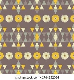 Seamless background with decorative flowers and triangles. Design with manual hatching. Ethnic boho ornament. Textile. Vector illustration for web design or print.