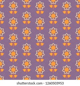 Seamless background with decorative flowers with white and purple petals and orange leaves on lilac backdrop