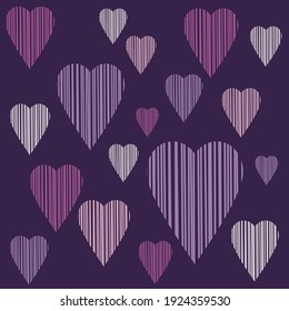 Nahtloser Hintergrund mit dekorativen Herzen. Zeichnung von Schlaganfällen. Valentinstag. Geometrisches Muster. Grußkarte. Vektorgrafik für Webdesign oder Print.