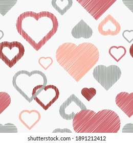 Seamless background with decorative hearts. Valentine's Day. Design with manual hatching. Embroidery on fabric. Boho texture. Vector illustration for web design or print.