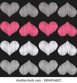 Seamless background with decorative hearts. Valentine's Day. Design with manual hatching. Embroidery on fabric. Boho texture. Vector illustration for web design or print.