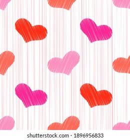 Seamless background with decorative hearts. Valentine's Day. Design with manual hatching. Embroidery on fabric. Boho texture. Vector illustration for web design or print.