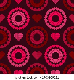 Seamless background with decorative hearts. Valentine's Day. Geometric pattern. Greeting card. Vector illustration for web design or print.