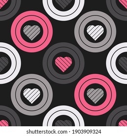 Seamless background with decorative hearts. Valentine's Day. Geometric pattern. Greeting card. Vector illustration for web design or print.