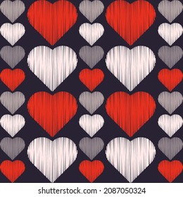 Seamless background with decorative hearts. Valentine's Day. Design with manual hatching. Embroidery on fabric. Boho texture. Vector illustration for web design or print.