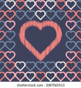 Seamless background with decorative hearts. Valentine's Day. Design with manual hatching. Embroidery on fabric. Boho texture. Vector illustration for web design or print.