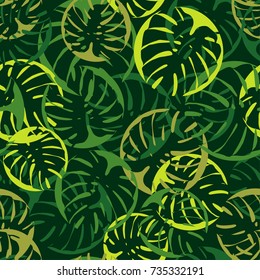 Seamless background with decorative leaves. Monstera leaves. Textile rapport.