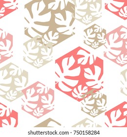 Seamless background with decorative leaves. Monstera branch leaves in the hexagon. Pattern with Palm leaves. Textile rapport.
