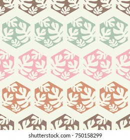 Seamless background with decorative leaves. Monstera branch leaves in the hexagon. Pattern with Palm leaves. Textile rapport.