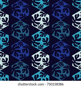 Seamless background with decorative leaves. Monstera branch leaves in the hexagon. Pattern with Palm leaves. Textile rapport.