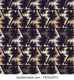 Seamless background with decorative leaves. Palm branch leaves in triangles. Pattern with Palm leaves. Textile rapport.