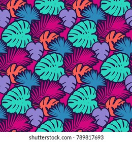 Seamless background with decorative leaves. Pattern with Palm leaves. Textile rapport.