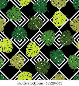 Seamless background with decorative leaves. Summer tropical design. Textile rapport.

