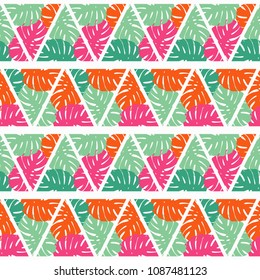 Seamless background with decorative leaves. Texture of palm leaves in triangles. Textile rapport.