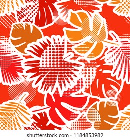 Seamless background with decorative leaves. Tropical palm leaves. Tropical jungle. Points. Can be used for wallpaper, textile, invitation card, wrapping, web page background.