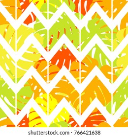 Seamless background with decorative leaves. Zigzag texture. Pattern with Palm leaves. Textile rapport.