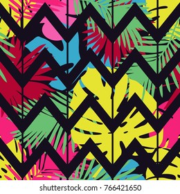 Seamless background with decorative leaves. Zigzag texture. Pattern with Palm leaves. Textile rapport.