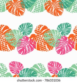 Seamless background with decorative leaves. Zigzag texture. Pattern with Monstera leaves. Textile rapport.
