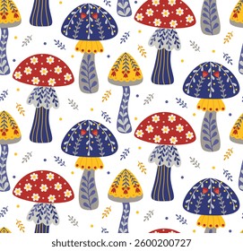 Seamless background with decorative mushrooms in bohemian style. Cute pattern of forest elements with floral ornaments