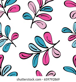 Seamless background with decorative painted branches and leaves with a black outline. Textile rapport.