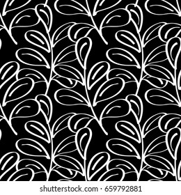 Seamless background with decorative painted branches and leaves with a black outline. Textile rapport.
