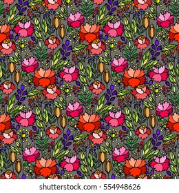 Seamless background with decorative red flowers