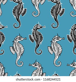 Seamless background of decorative seahorses
