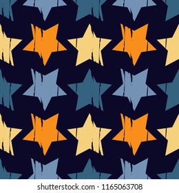 Seamless background with decorative stars.  Brushwork. Hand hatching. Stars in the sky. Scratches texture. Textile rapport.