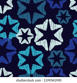 Seamless background with decorative stars. Brushwork. Hand hatching. Stars in the sky. Scratches texture. Can be used for wallpaper, textile, invitation card, wrapping, web page background.