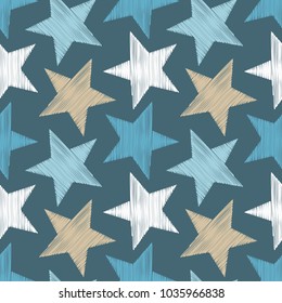 Seamless background with decorative stars. Scratches texture. Textile rapport.