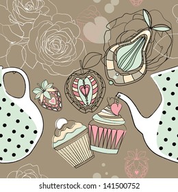Seamless background with decorative tea, fruits and cakes. Vector illustration whit ornamental elements.