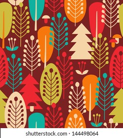 Seamless background with decorative trees. Forest colorful pattern