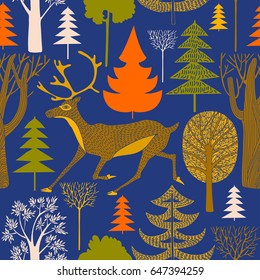 Seamless background with decorative trees. Textile pattern. Vector Illustration of forest deers. Decorative elements for your packaging design.