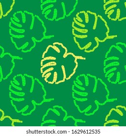 Seamless background with decorative Tropical palm leaves. Monstera. Ink drawing. Vector illustration for web design or print.